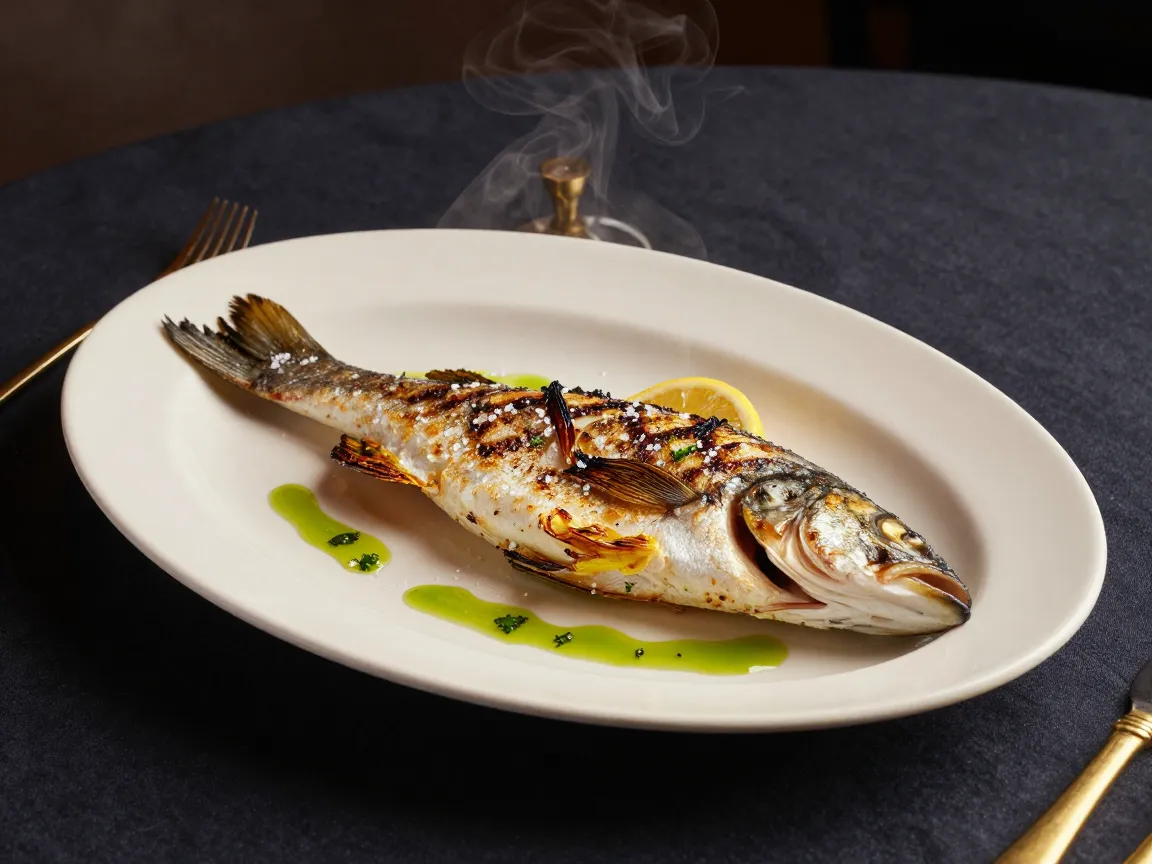 Whole grilled sea bass plated with lemon and herbs