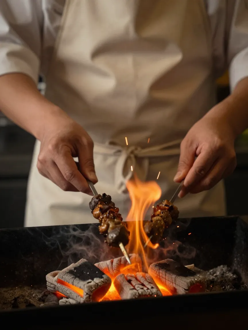 Skewers grilling over glowing charcoal