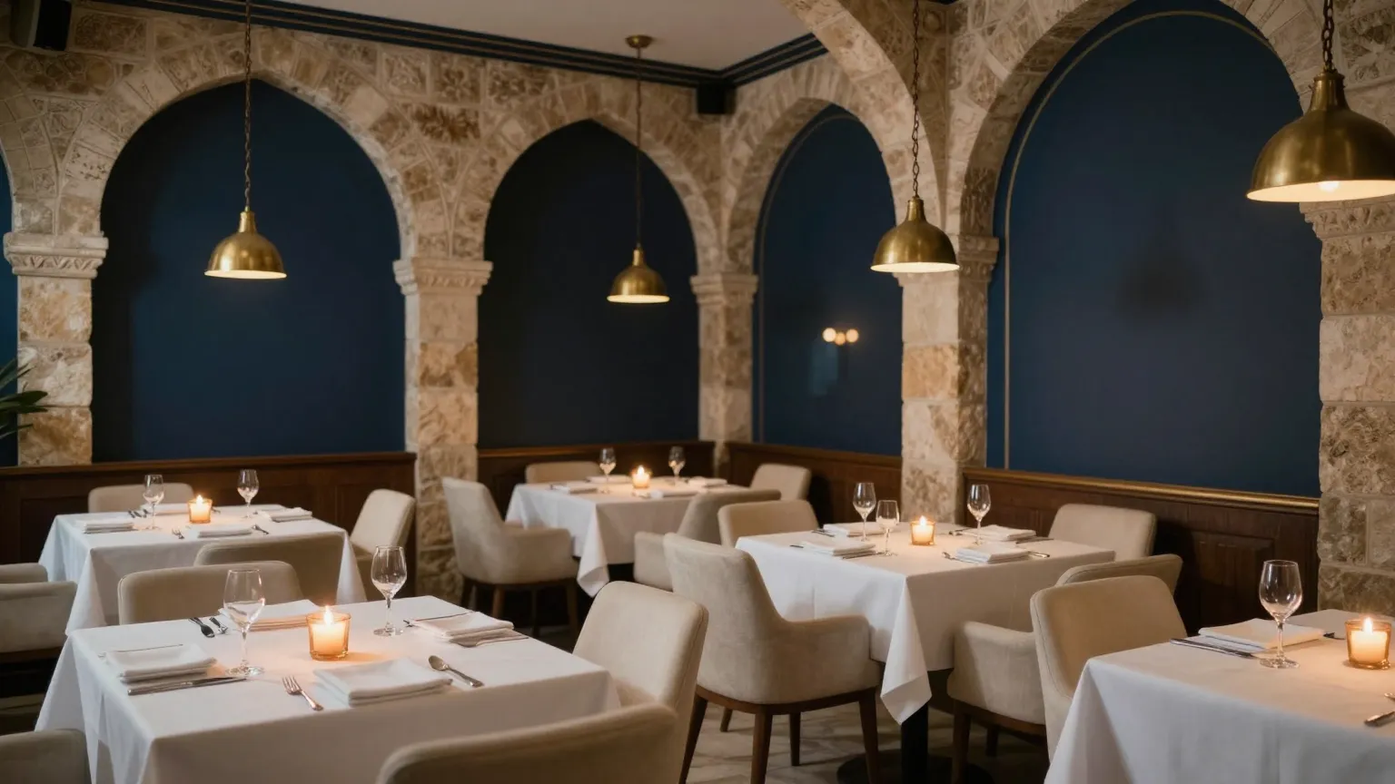 Candlelit dining room with stone arches and navy walls