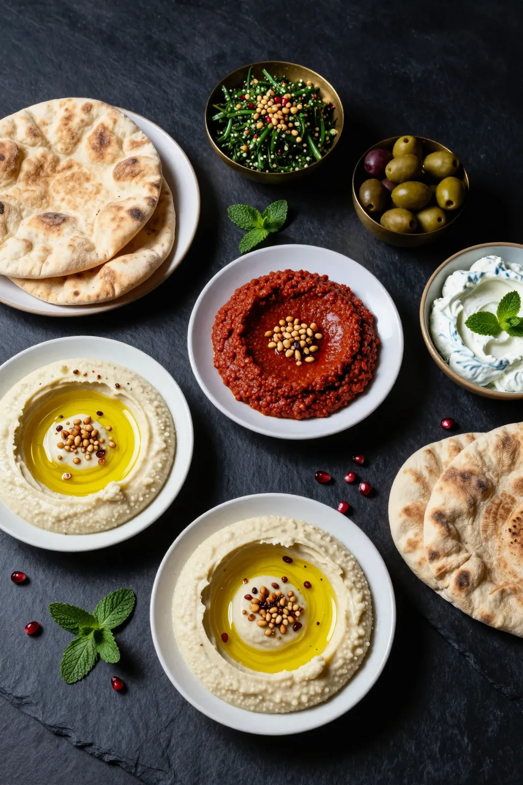 Overhead mezze spread on navy slate