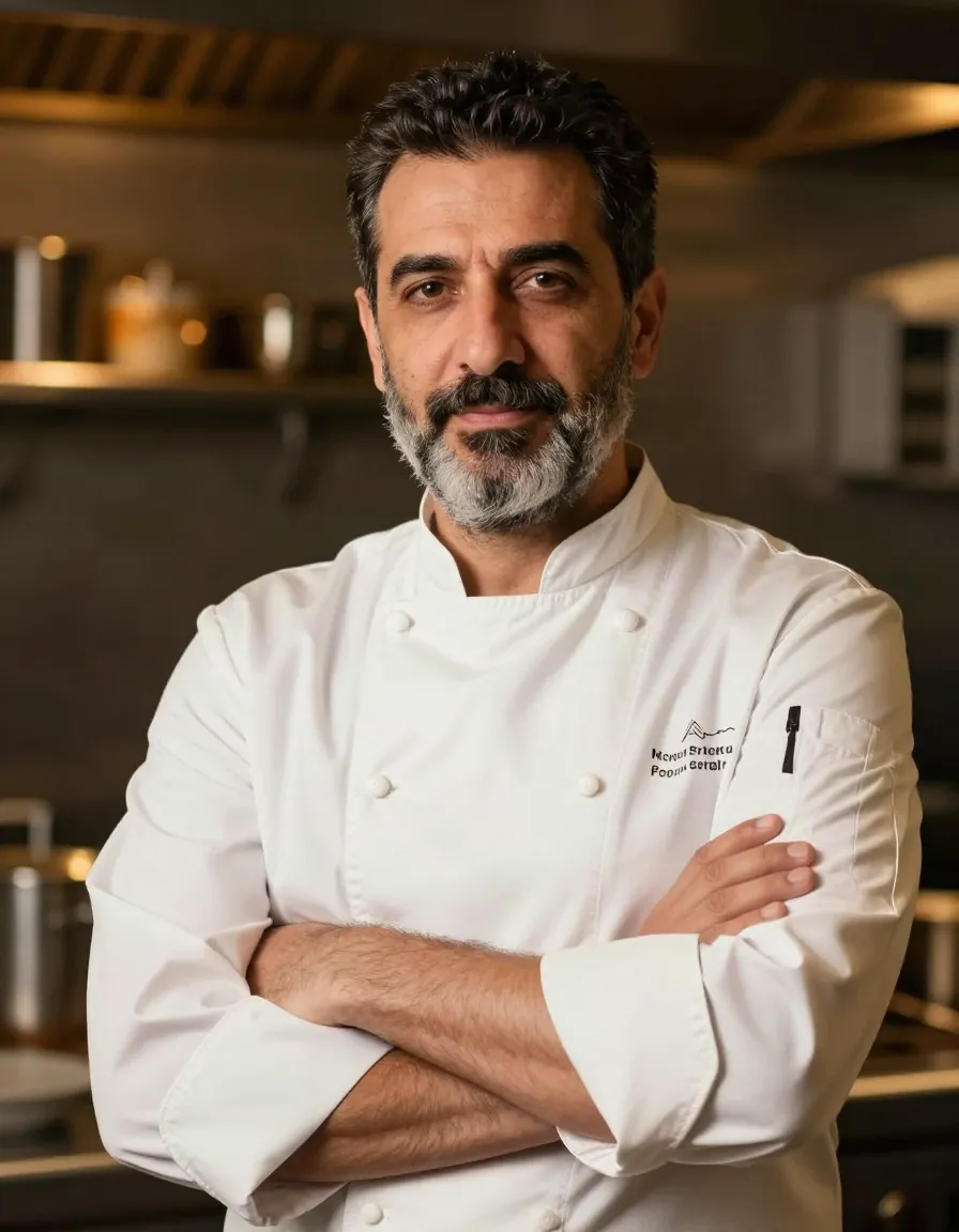 Chef Nadim El-Khouri in an ivory chef jacket in the Maison Cedar kitchen