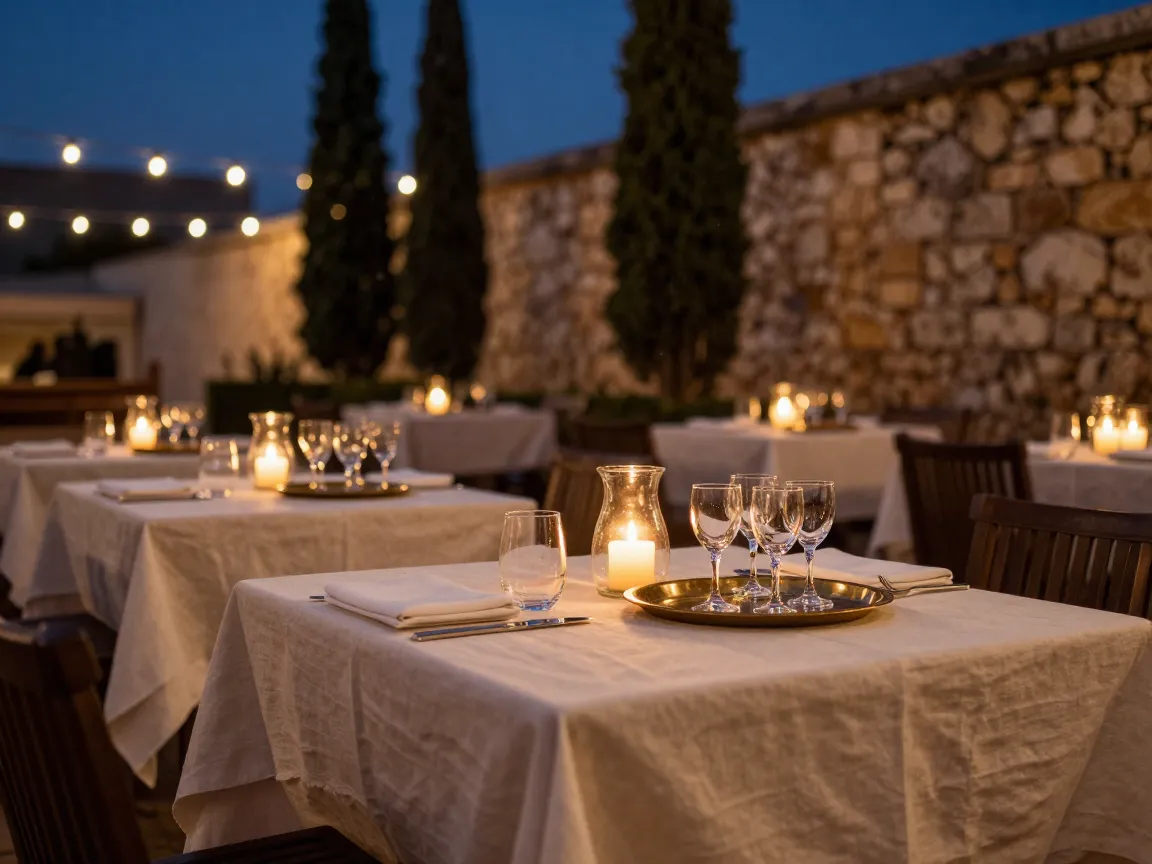 Terrace table at dusk with candles and cedar trees