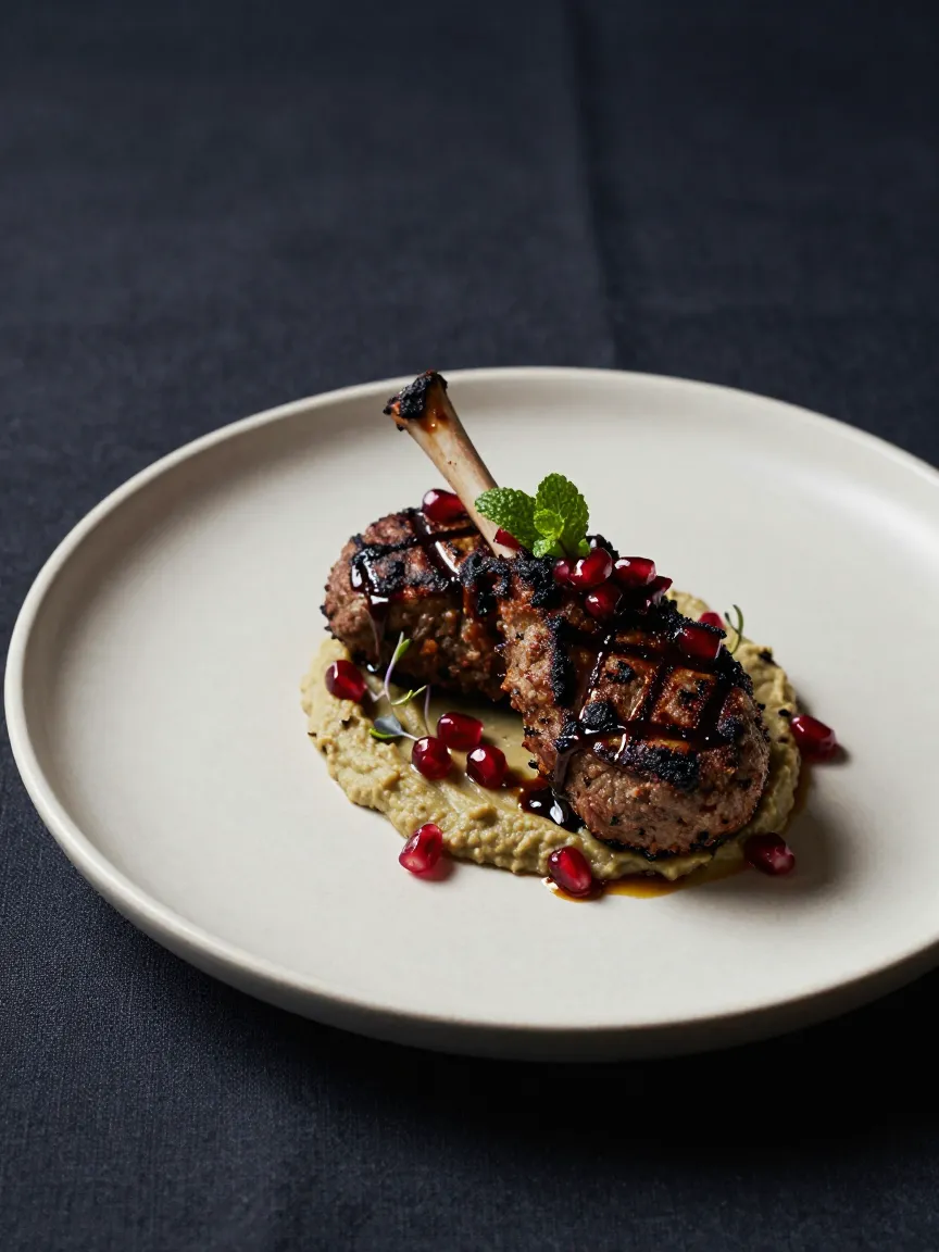 Charcoal-grilled lamb kofta with smoked aubergine purée and pomegranate molasses