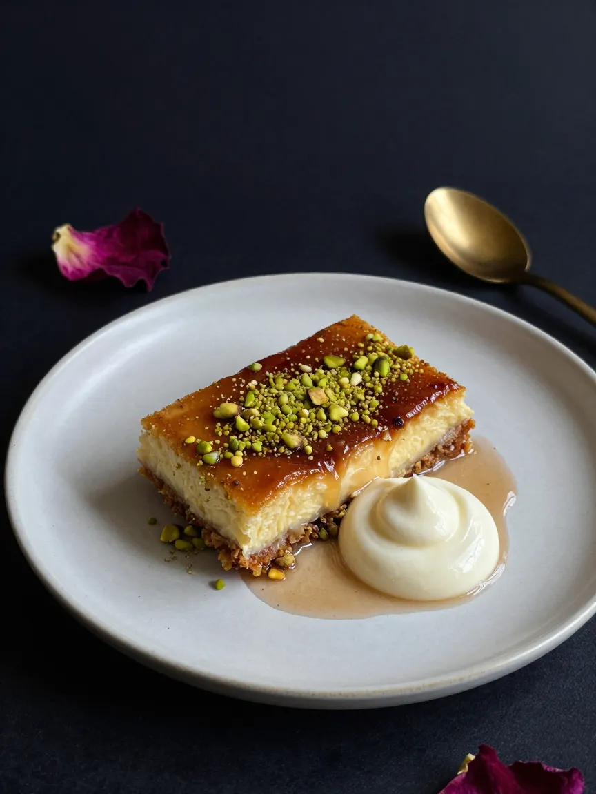 Warm knafeh dessert with pistachio and rose syrup